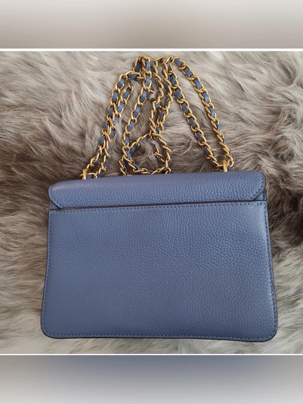 Tory Burch Navy Pebbled Leather Crossbody with Gold Logo Chain